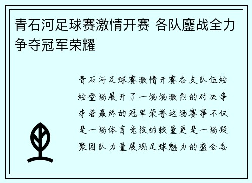青石河足球赛激情开赛 各队鏖战全力争夺冠军荣耀