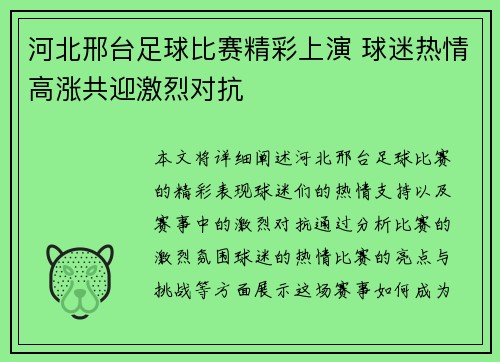 河北邢台足球比赛精彩上演 球迷热情高涨共迎激烈对抗