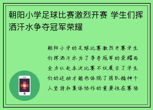 朝阳小学足球比赛激烈开赛 学生们挥洒汗水争夺冠军荣耀