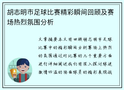 胡志明市足球比赛精彩瞬间回顾及赛场热烈氛围分析