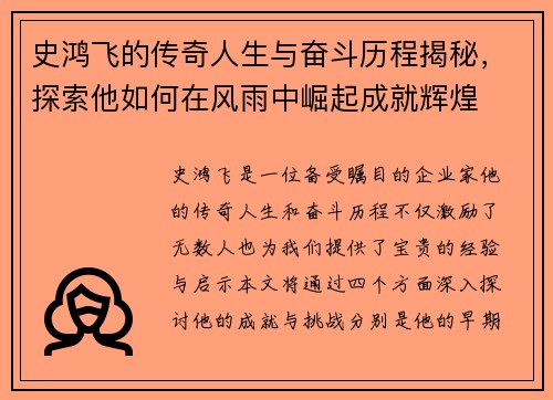 史鸿飞的传奇人生与奋斗历程揭秘，探索他如何在风雨中崛起成就辉煌