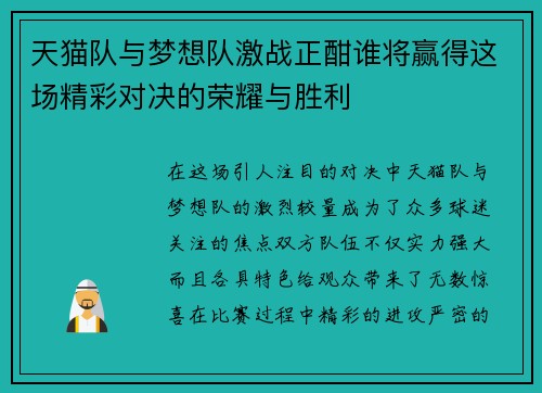 天猫队与梦想队激战正酣谁将赢得这场精彩对决的荣耀与胜利