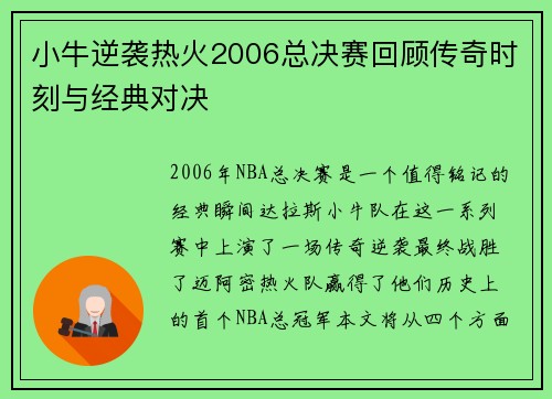 小牛逆袭热火2006总决赛回顾传奇时刻与经典对决