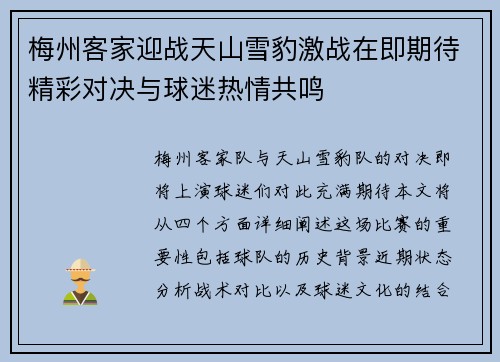 梅州客家迎战天山雪豹激战在即期待精彩对决与球迷热情共鸣