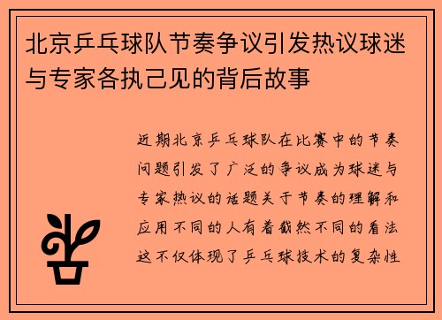 北京乒乓球队节奏争议引发热议球迷与专家各执己见的背后故事