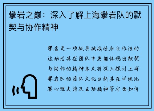 攀岩之巅：深入了解上海攀岩队的默契与协作精神