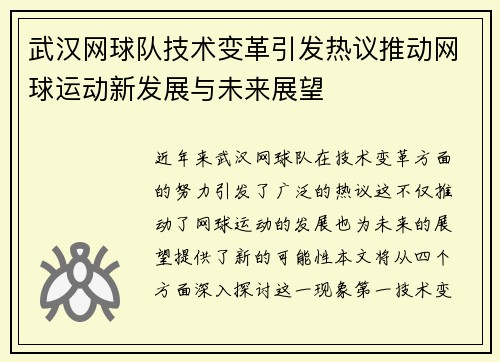 武汉网球队技术变革引发热议推动网球运动新发展与未来展望