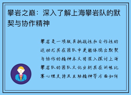 攀岩之巅：深入了解上海攀岩队的默契与协作精神