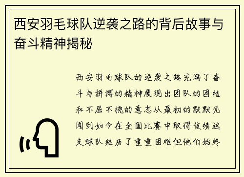 西安羽毛球队逆袭之路的背后故事与奋斗精神揭秘